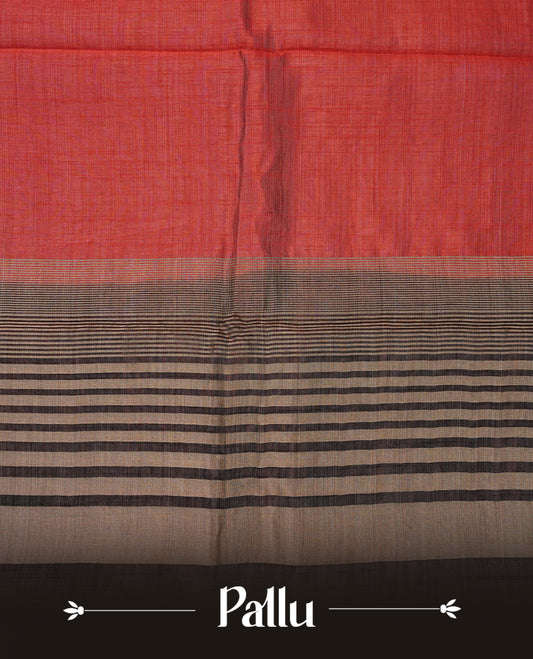 Red Tussar saree featuring Gold zari buttas on body, complemented by contrast Black & olive Colour with Gold zari border, comes with matching blouse piece.