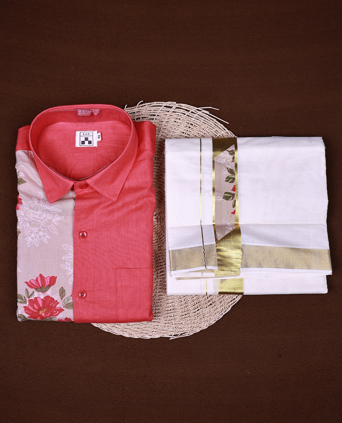 Half an Half Pink &  light coffee brown Floral Printed KARI Shirt paired with a Cream Dhoti, elegantly finished with a matching gold with floral kara.