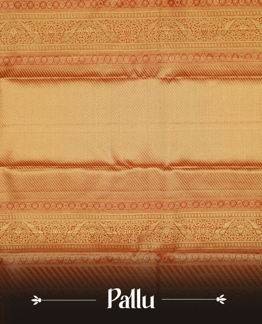 Red & Gold double shade colour Tissue silk saree featuring Silver Kodi pattern on body, complemented by Contrast Red & green With Gold Zari border, comes with matching blouse piece.