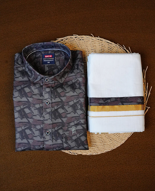 Greyish Green Colour Full-Sleeve Shirt with Digital Prints, Paired with a Cotton Double Dhoti Featuring Matching Prints.