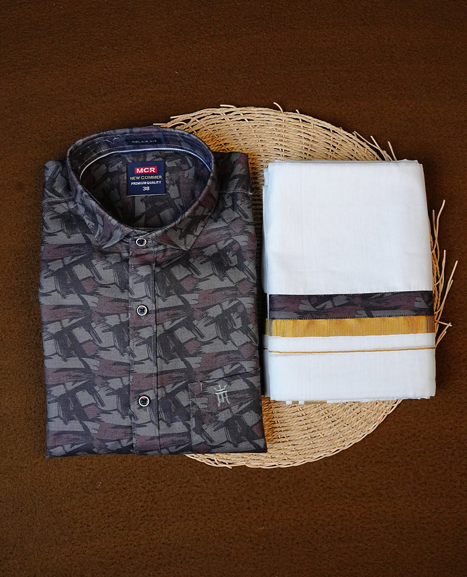 Greyish Green Colour Full-Sleeve Shirt with Digital Prints, Paired with a Cotton Double Dhoti Featuring Matching Prints.