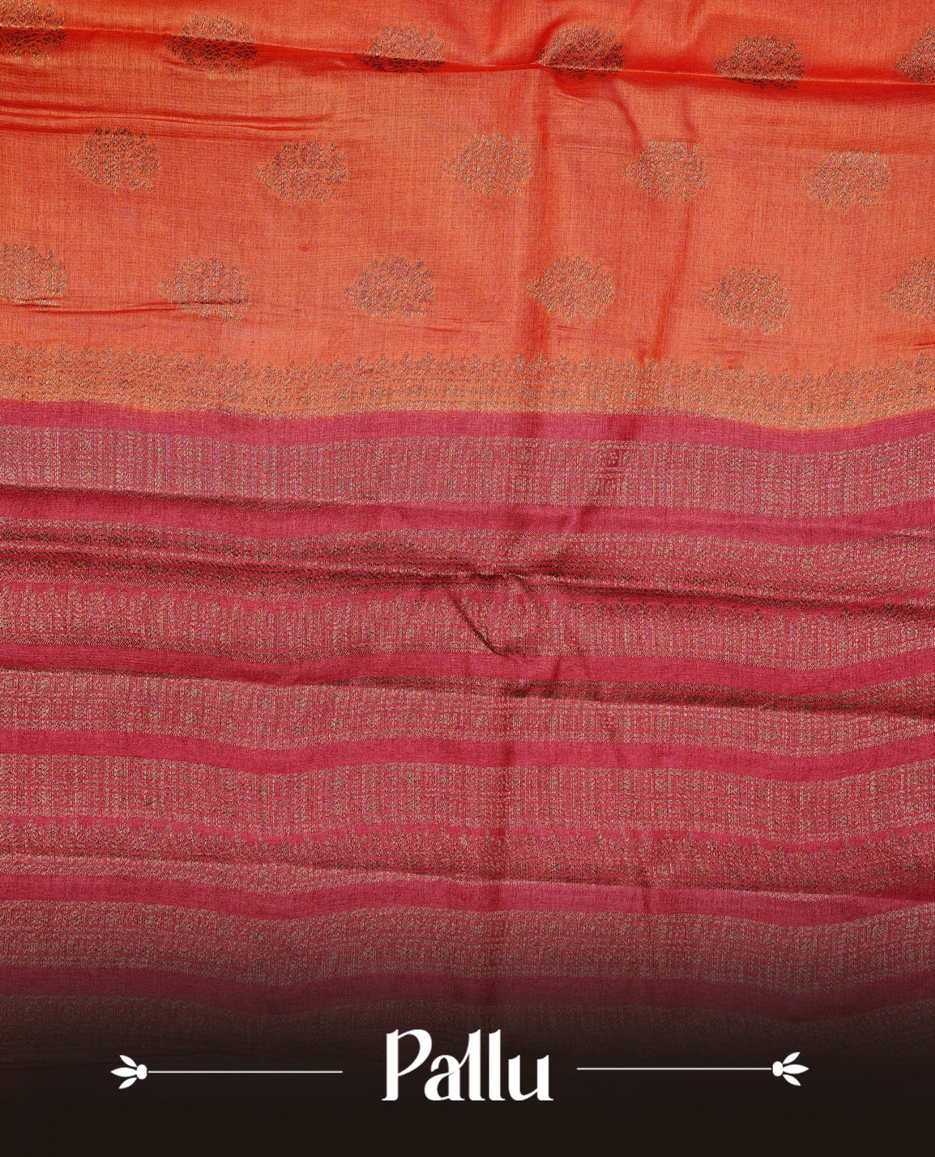 Rust orange colour pure tussar Banaras silk saree featuring elegant gold zari motifs across the body, complemented by a contrast red border with rich zari detailing. Comes with a matching blouse piece