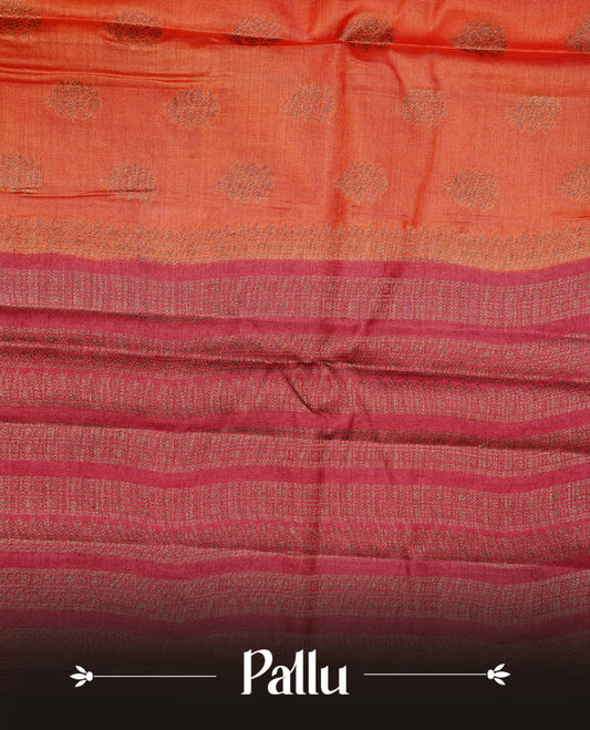 Rust orange colour pure tussar Banaras silk saree featuring elegant gold zari motifs across the body, complemented by a contrast red border with rich zari detailing. Comes with a matching blouse piece