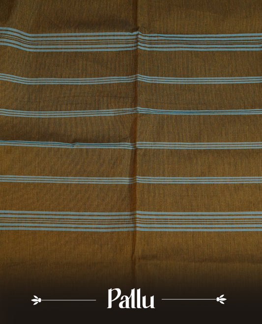 Olive  colour chettinad cotton saree featuring elegant plain body, Contrast Chocolate colour with Gold zari border, comes with matching blouse piece.