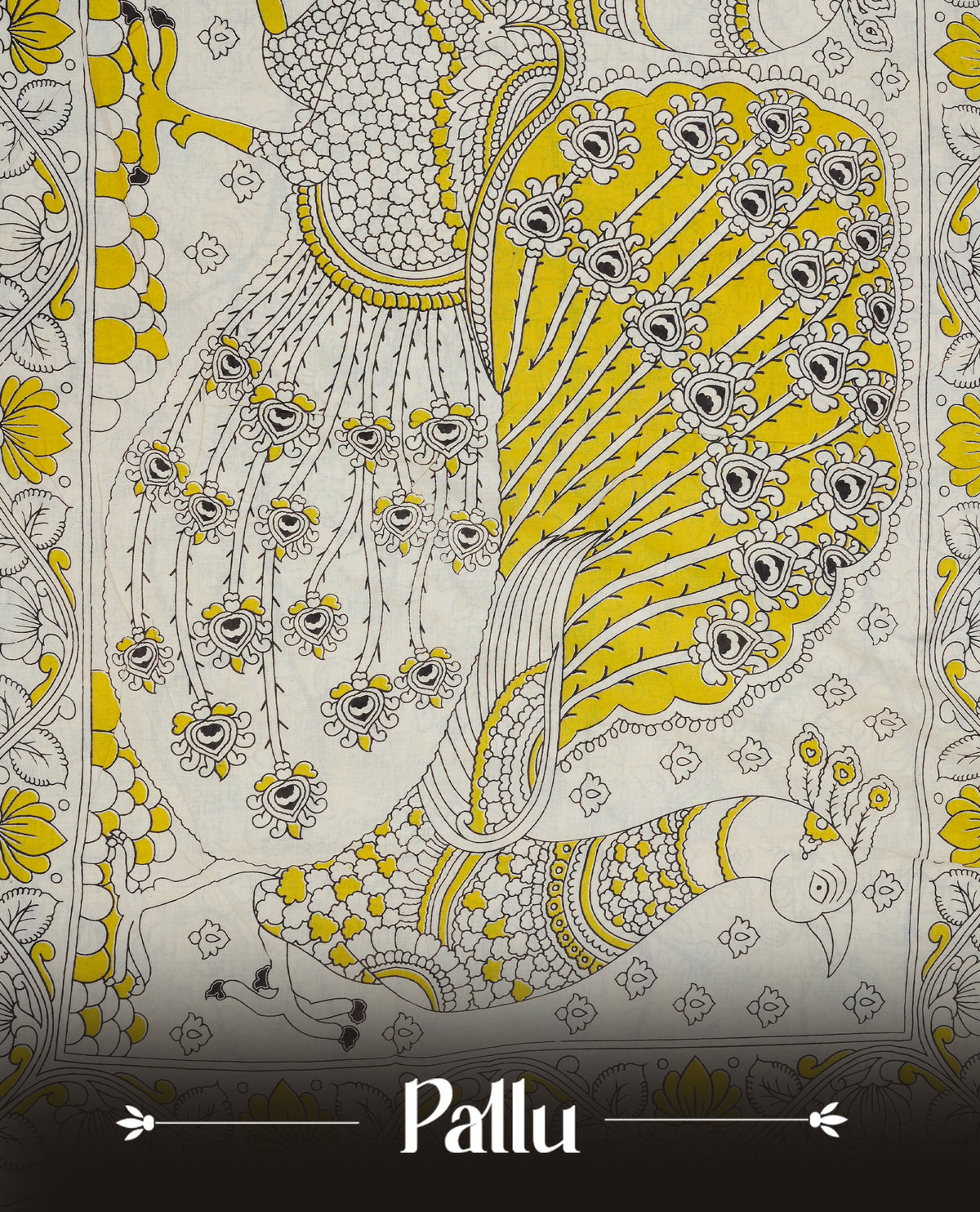 Cream & lime yellow  colour kalamkari cotton saree featuring kalamkari printed body & pallu, paired with a matching  contrast blouse piece.