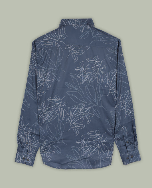 Grey colour shirt adorned with elegant white colour floral prints, Designed with a classic collar and full sleeves, this timeless piece offers a crisp and casual look, perfect for both work and weekend wear.