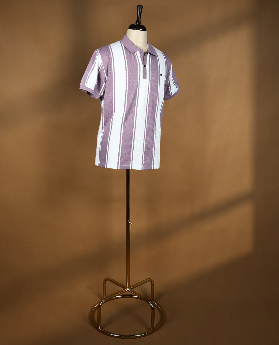 Mauvo and white striped men’s polo T shirt featuring a classic collar with button placket, short sleeves, and a regular fit crafted from soft, breathable fabric for everyday comfort and style