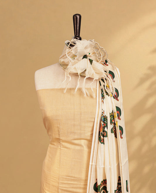 Cream Colour Tissue Salwar Material Featuring Peacock Print on body, paired with matching Bottom & Elegant Dupatta.