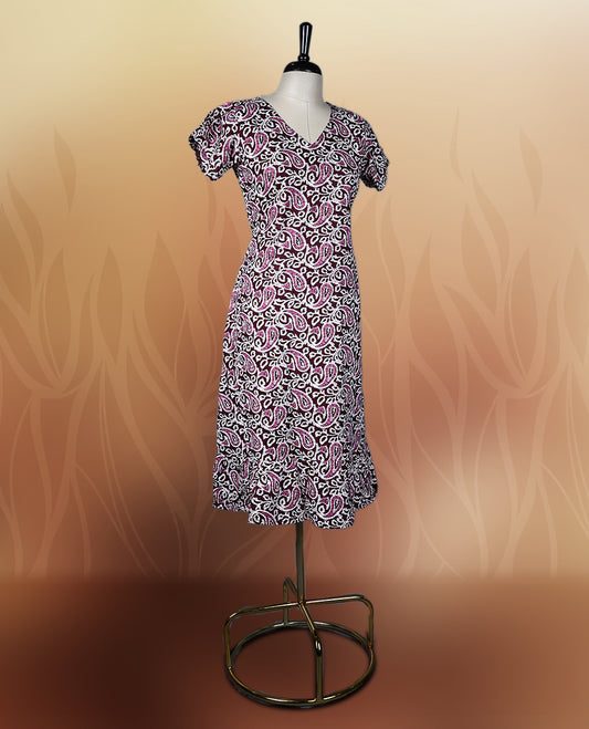 Chic printed nightwear featuring a deep grape colour and white paisley design, V neckline and short sleeves offer comfort, while the flared hem adds grace & Perfect for everyday wear or semi casual occasions.