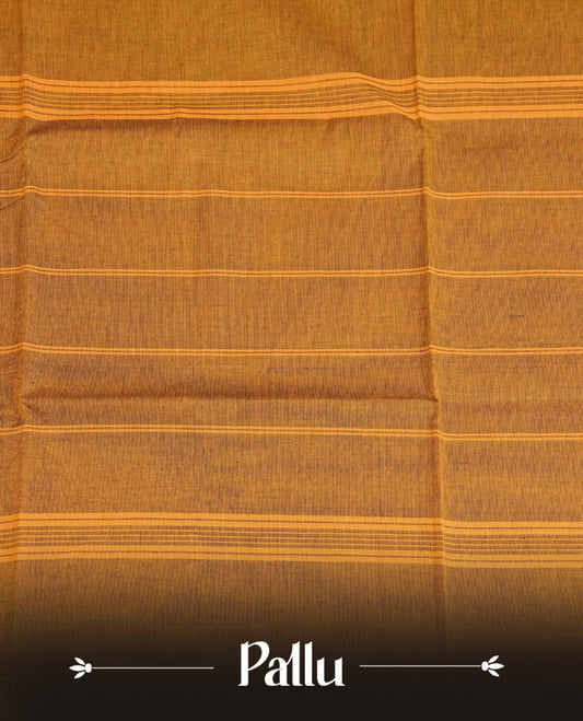 Mustard Yellow Colour Chettinad Cotton Saree Featuring a Plain Body, Complemented by a Black Colour Border with Gold Zari Traditional, Paired with a Matching Blouse Piece.