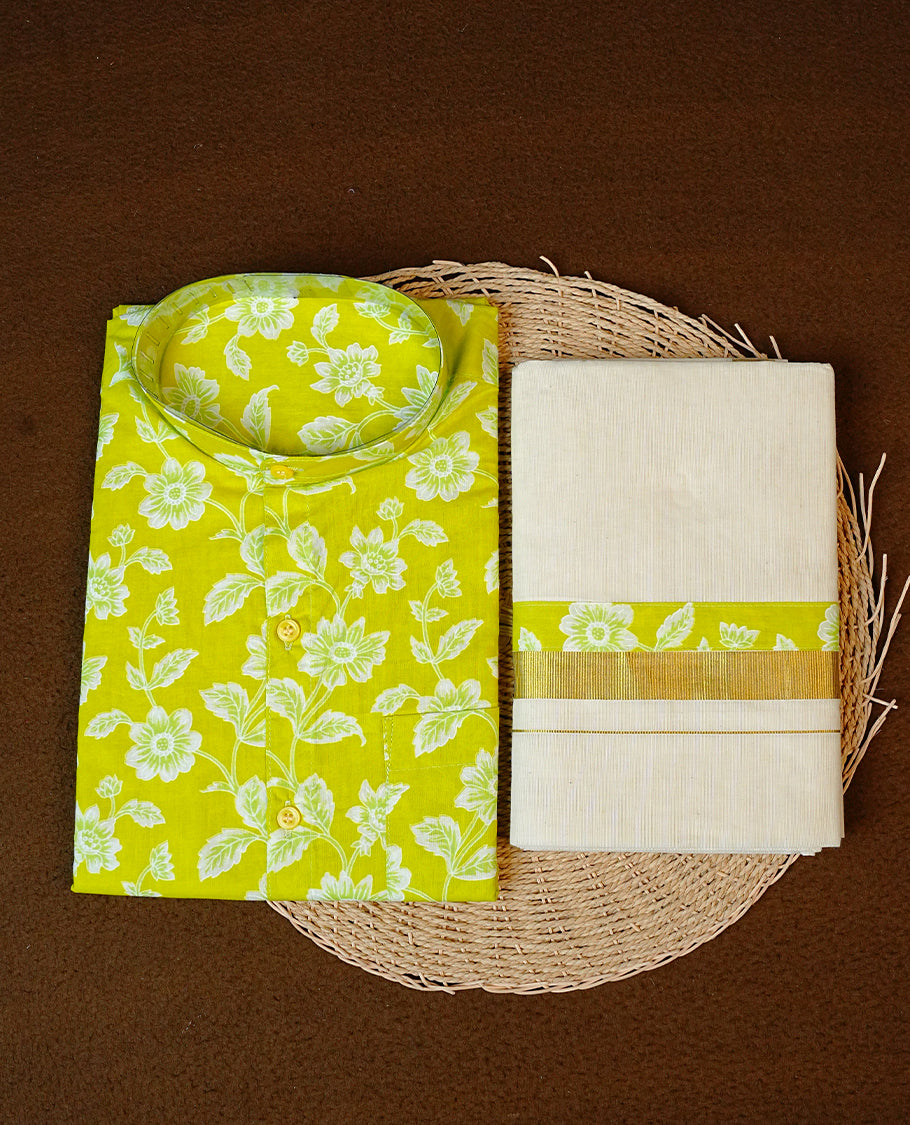 Lime Green Colour Floral Printed Half-Sleeve Shirt, Paired with a Cotton Double Dhoti Featuring Matching Prints.
