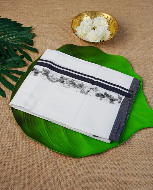 Off White Colour Cotton Double Dhoti Finished With A Classic Black & Indian culture arts Digital print kara.