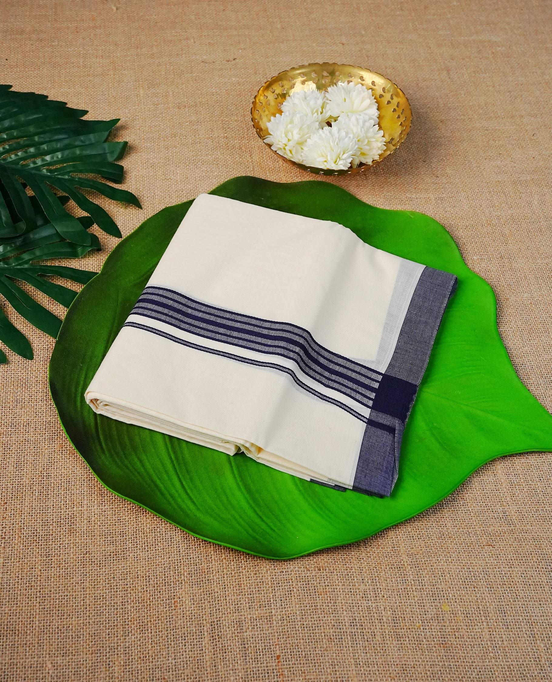 Cream Colour Cotton Double Dhoti Finished With A Classic Navy Blue Kara
