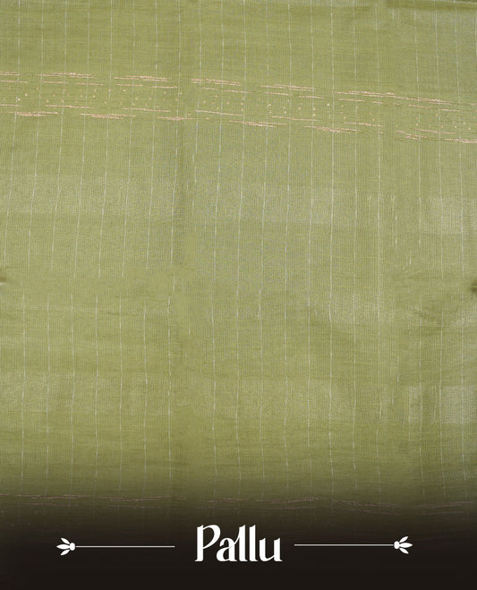 Pastel green colour semi jute saree highlighting gold zari striped body, without border and paired with matching blouse.