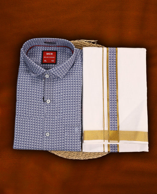 Steel blue colour MCR full sleeve shirt featuring textured self woven patterns, paired with a white dhoti accentuated by a golden zari kara and a matching steel blue patterned border.