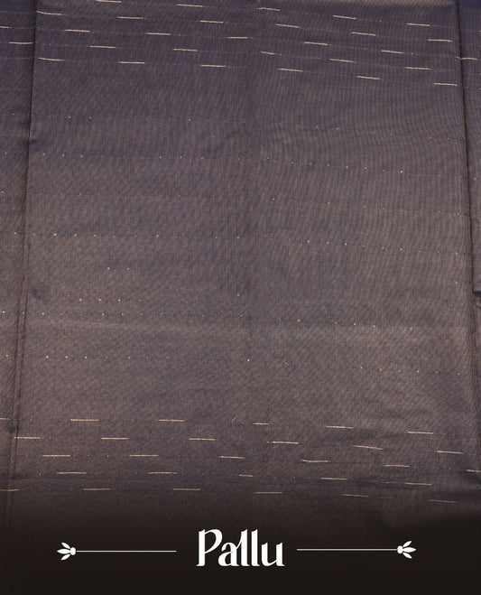 Dark blue colour semi jute saree highlighting gold zari stripped body with white motifs, without border and paired with matching blouse.