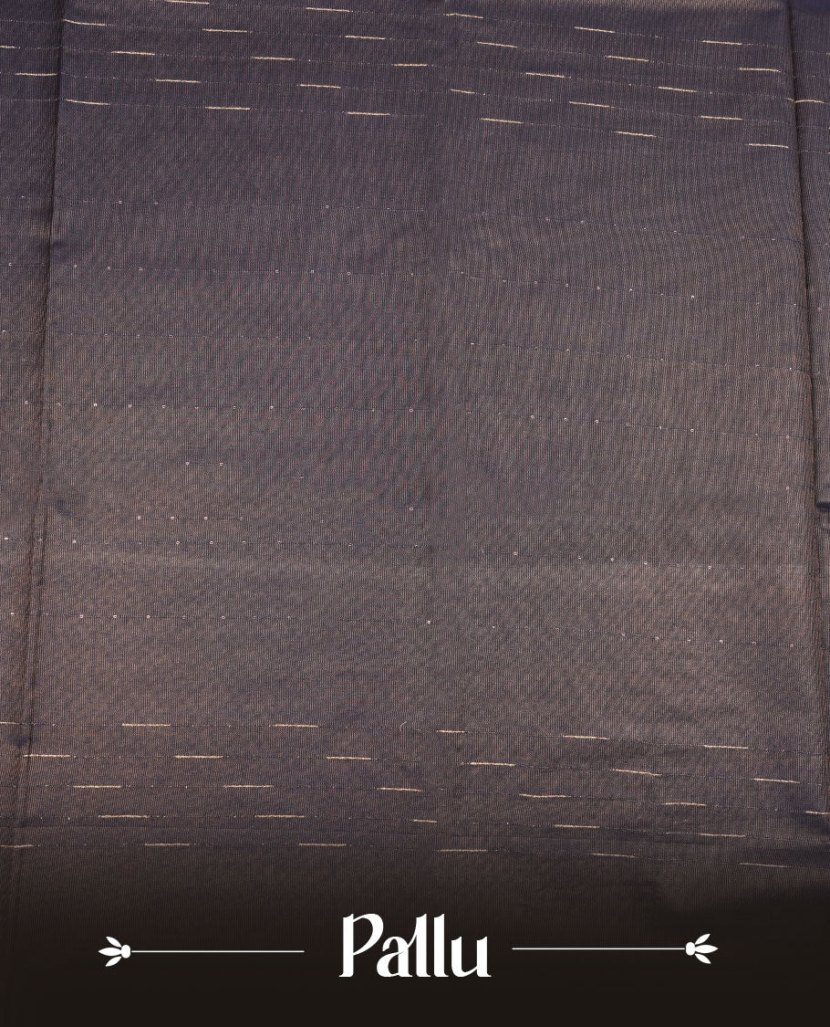 Dark blue colour semi jute saree highlighting gold zari stripped body with white motifs, without border and paired with matching blouse.