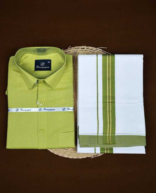 Lime Green colour RAMAJAYAM shirt paired with a matching dhoti, finishing with a Green & Gold kara