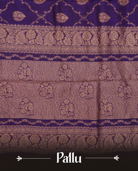 Purple colour semi Banaras saree with gold zari buta motifs, finished with a traditional gold zari border and pallu, paired with a matching blouse.