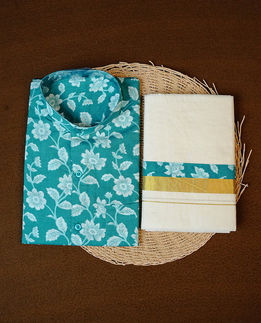 Teal Green Colour Floral Printed Half-Sleeve Shirt, Paired with a Cotton Double Dhoti Featuring Matching Prints.