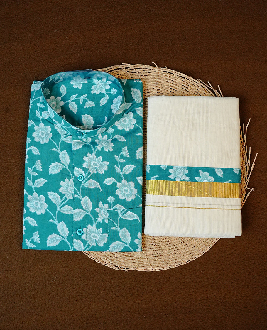 Teal Green Colour Floral Printed Half-Sleeve Shirt, Paired with a Cotton Double Dhoti Featuring Matching Prints.