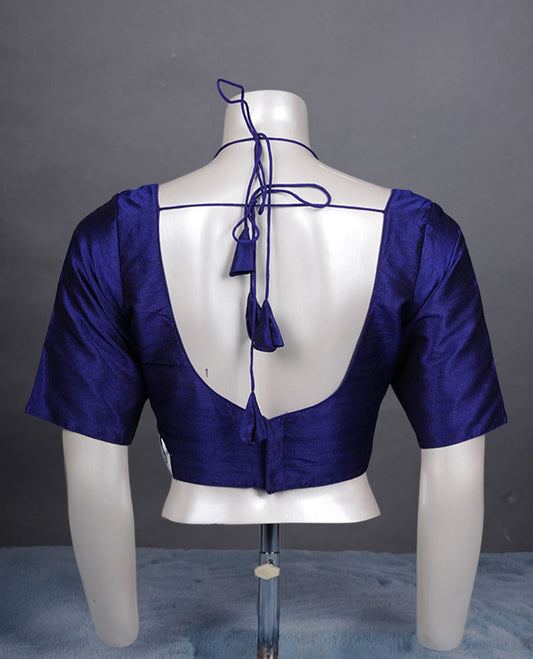 Dark Blue colour silk padded readymade blouse with elbow-length sleeves, a V-neck front, and a deep U-back with tie-up dori.