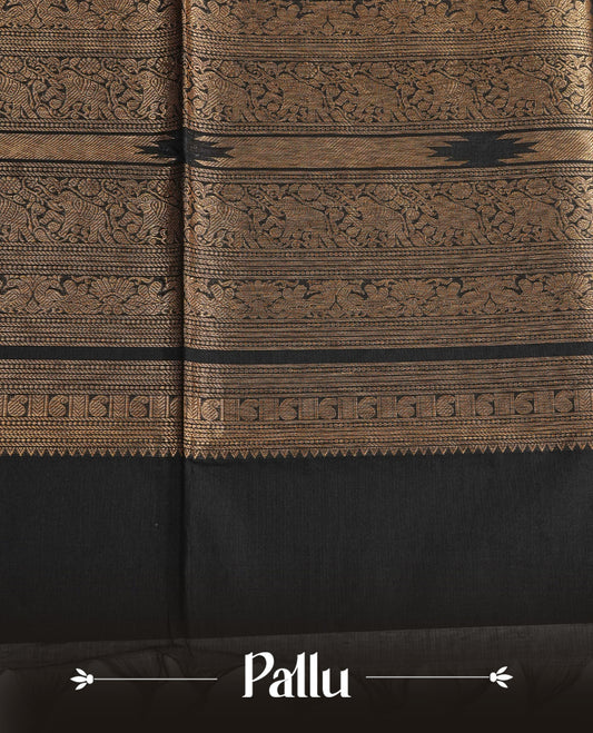 Black colour chettinad cotton saree Featuring Gold zari Strips on body, complemented by contrast Maroon colour with zari border, comes with matching blouse piece.