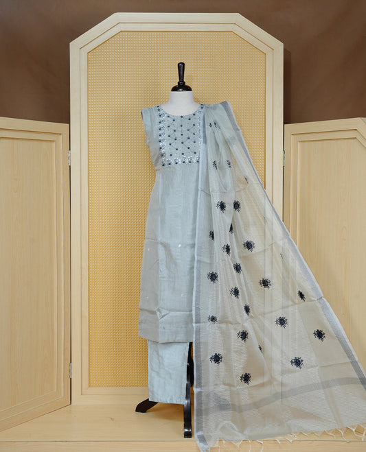 Pastel Grey Tissue  Churidar set featuring elegant floral embroidery and bead work on the yoke, paired with matching solid pants and  dupatta.