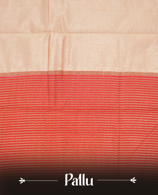 Cream colour tussar saree featuring elegant plain body, contrast Red colour gold zari border and comes with matching blouse piece.