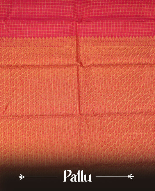 Rani Pink colour pure traditional Kancheepuram silk saree adorned with gold zari Checks across the body, featuring elegant traditional borders, beautifully paired with a matching blouse piece.