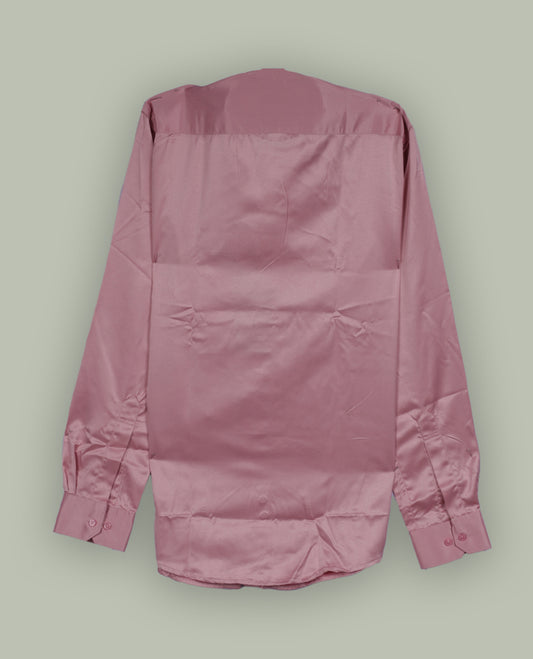 Rich pink colour satin shirt with a glossy finish, featuring a classic collar and full sleeves with broad cuffs, Designed with a front pocket and button-down style, adding a refined touch to formal or party looks.