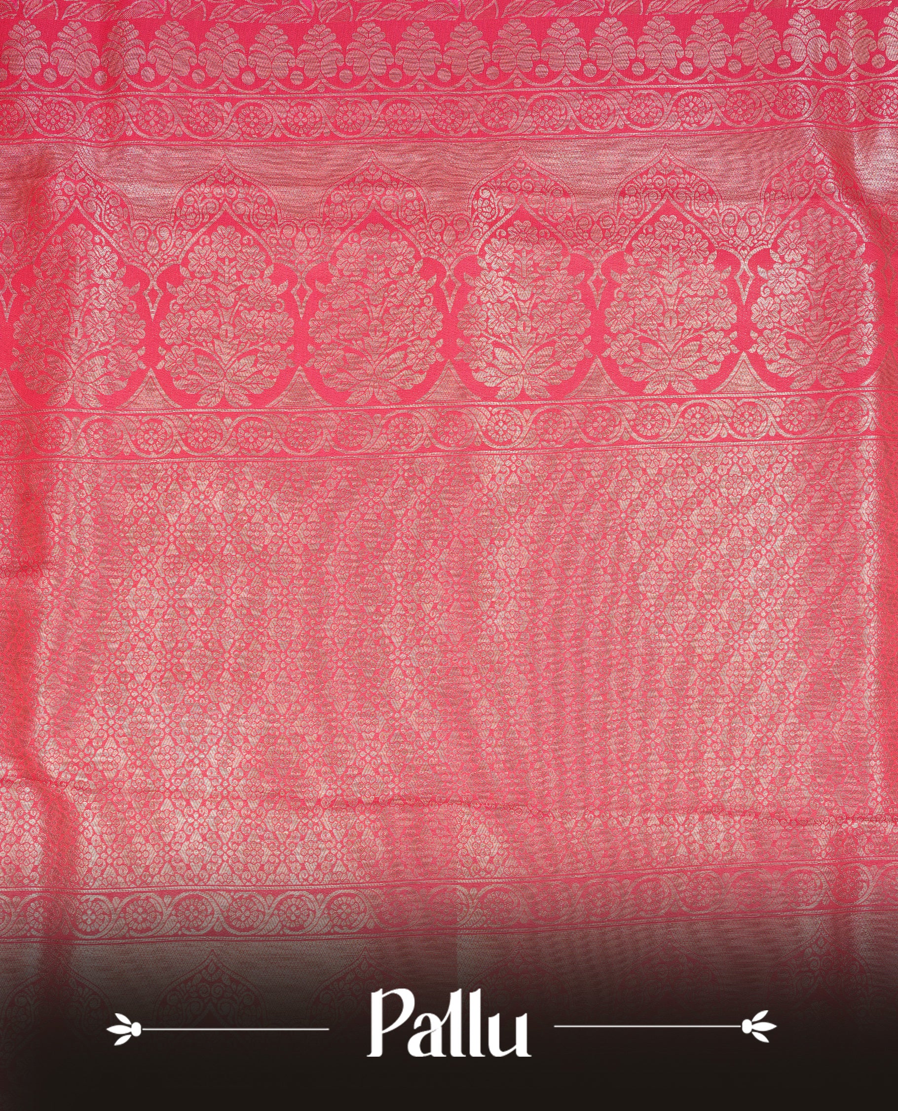 Rani Pink Colour Softie Silk Saree Featuring An All Over Gold Woven Leaf Pattern, Finished With A Matching Border Adorned With Intricate Paisley And Floral Motifs, Paired With A Matching Blouse Piece.