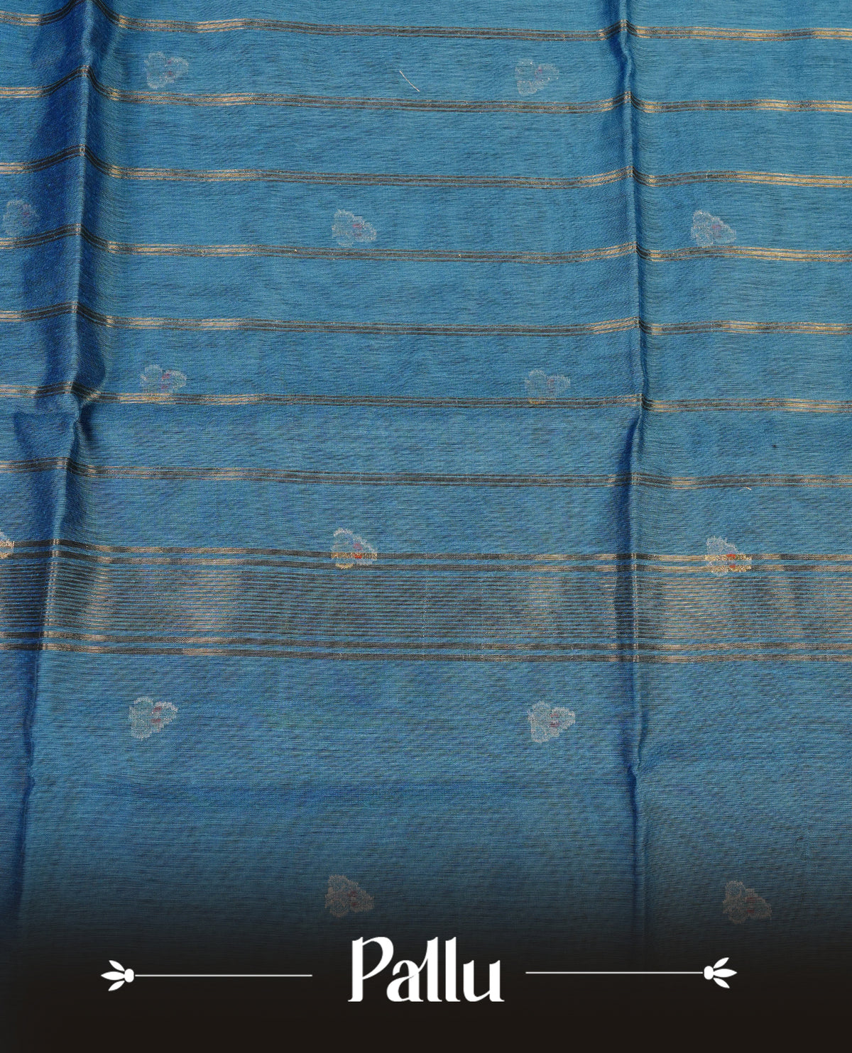 Teal blue colour Maheshwari cotton saree, gold zari floral motifs on body, complement light magenta colour gold zari border comes with matching blouse.