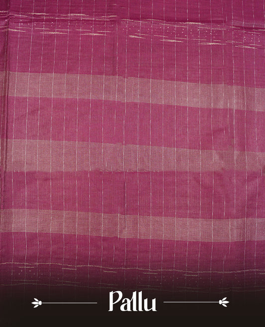 Burgundy colour semi jute saree highlighting gold zari striped body, without border and paired with matching blouse.