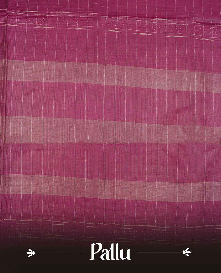 Burgundy colour semi jute saree highlighting gold zari striped body, without border and paired with matching blouse.