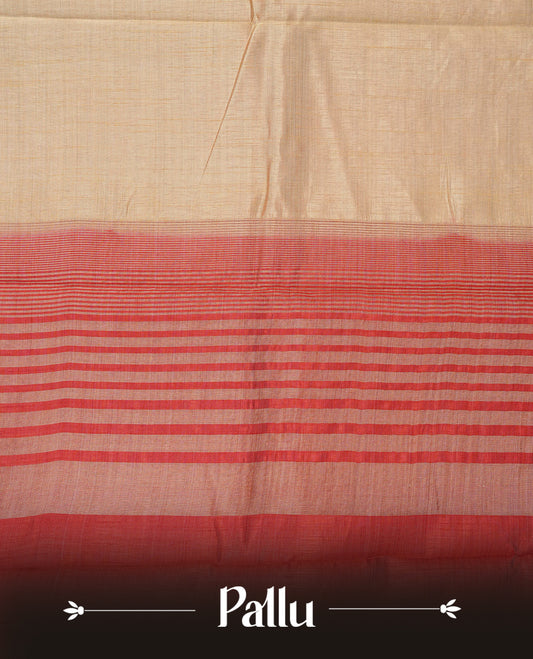 Light Gold Tussar saree featuring Gold zari buttas on body, complemented by contrast Maroon & olive Colour with Gold zari border, comes with matching blouse piece.