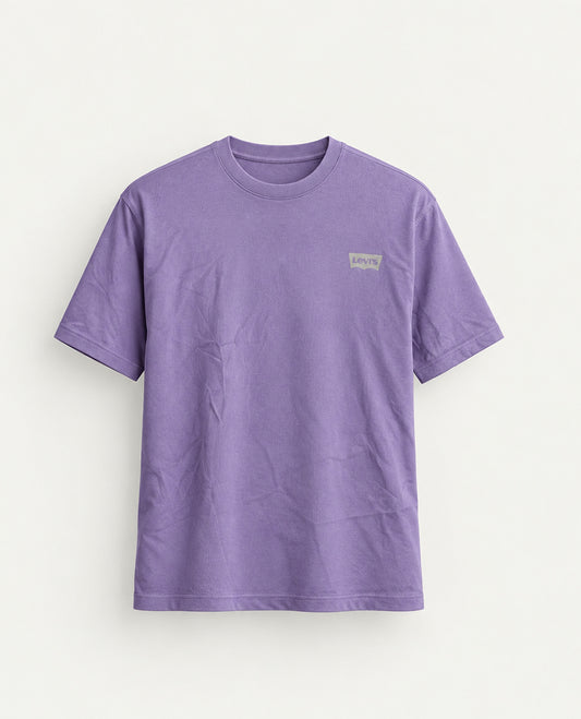 Light purple colour t shirt featuring round design neck, elegant Design body with a text, Half sleeve.