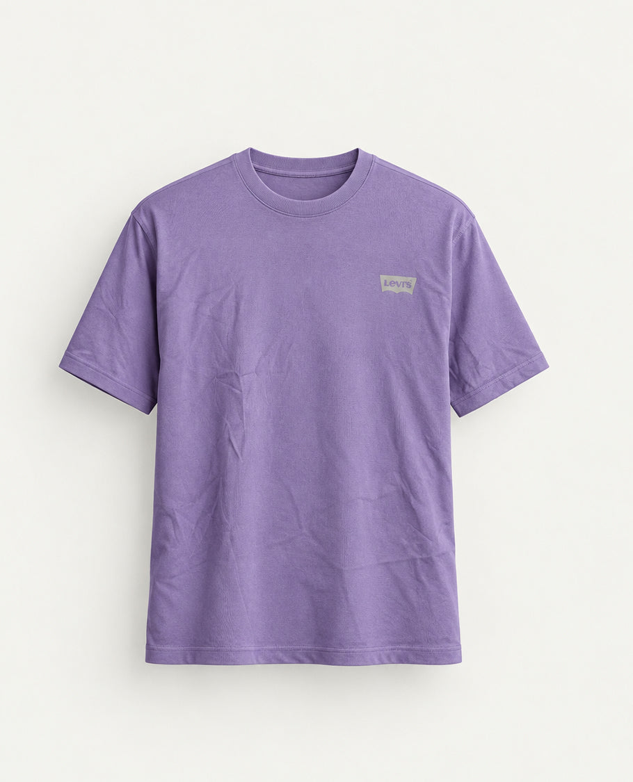 Light purple colour t shirt featuring round design neck, elegant Design body with a text, Half sleeve.