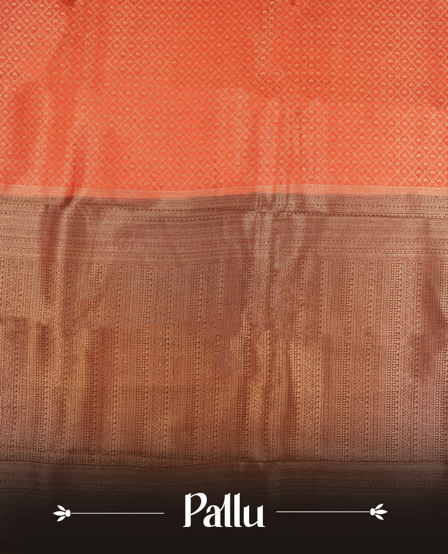 Brick red colour semi silk brocade saree featuring intricate Gold Diamond patterns across the body, complemented by a contrast Brown colour woven border and pallu, paired with a matching blouse.