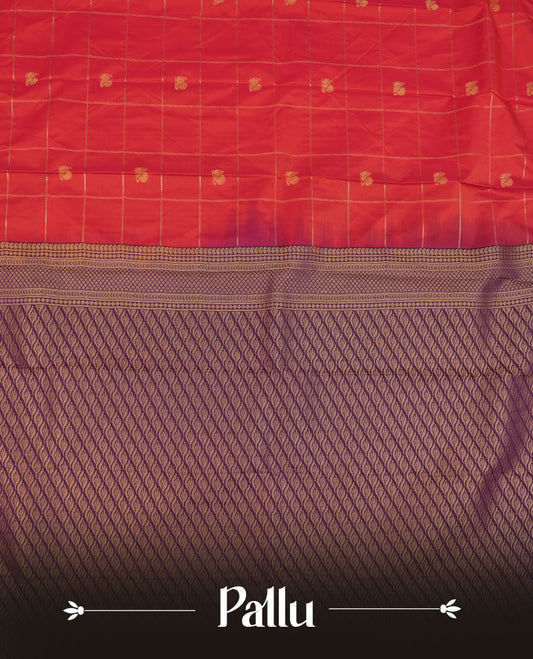 Red colour semi silk saree highlighting gold zari box pattern  and motifs across body, featuring contrast purple colour border with gold zari pattern, comes with matching blouse .