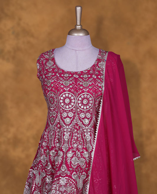 Rani pink colour sharara set featuring gold colour thread and beats embroidered neckline, body, sleeves,  , Paired with a matching dupatta