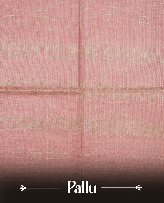 Pink colour semi jute saree highlighting gold zari stripped body with white motifs, without border and paired with matching blouse.