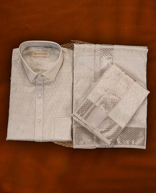 White silver colour MINISTER WHITE jacquard shirt with an all over textured weave, paired with a matching silver zari bordered dhoti featuring intricate geometric patterns, perfect for a refined traditional look.