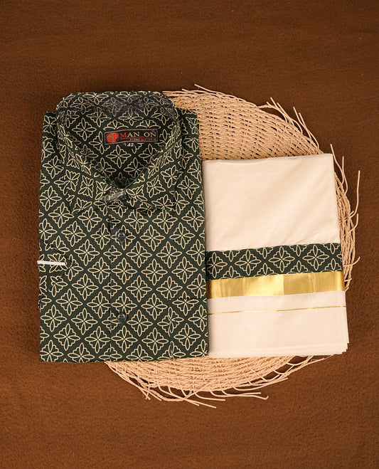 Dark Green colour shirt featuring Cream colour Pattern printed body, paired with cream colour double dhoti featuring Gold kara with Same printed border.