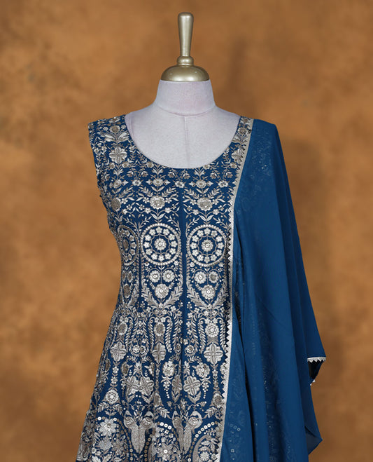 Crystal teal colour sharara set featuring gold colour thread and beats embroidered neckline, body, sleeves,  , Paired with a matching dupatta