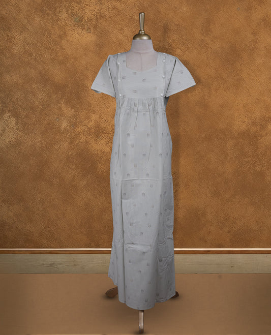 Cream colour NStyle nighty featuring diamond patterns, a diamond neckline, short sleeves, and a full ankle-length design.