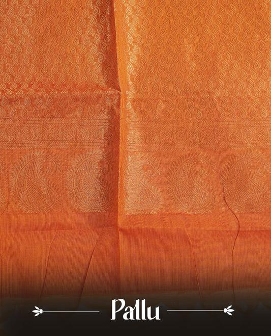 Orange colour chettinad cotton saree featuring Elegant plain body, complemented by contrast Brown colour with gold zari border, comes with matching blouse piece.