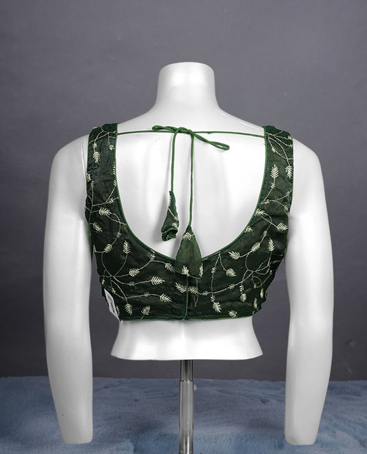 Dark olive green colour embroidered padded blouse with gold vine detailing, V neckline, and tie-back finish.