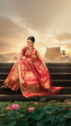 Brown colour Kanchipuram Samudrika Pattu saree featuring an exclusive gold zari weave of the historic Padmanabhaswamy Temple East Gopuram on the border and pallu, with Anantha Sayanam motif, paired with self colour blouse piece.