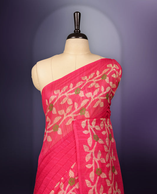 Magenta colour saree with elegant beige & green colour leaf & flower work and subtle texture & Paired with a matching blouse, its perfect for festive events, receptions, or traditional gatherings with a touch of grace.